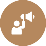 Person with megaphone icon on brown circle.
