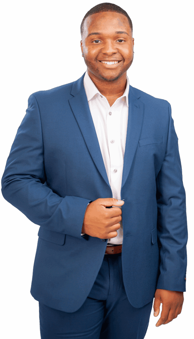 Man in blue suit, smiling confidently.